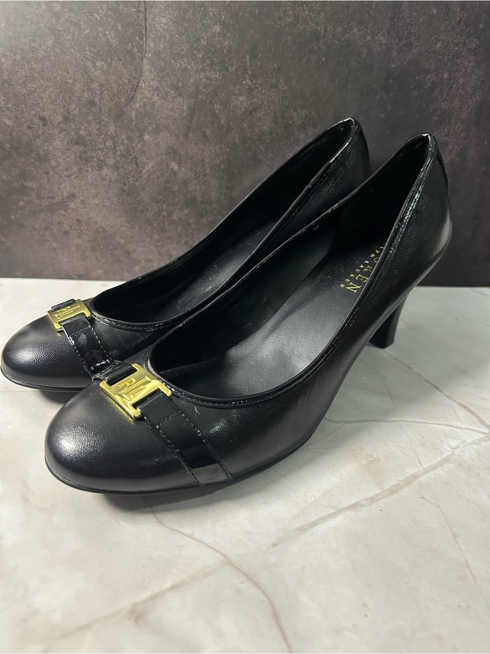 Lauren Ralph Lauren Black Leather Mid Heel Pumps with Gold Accent
